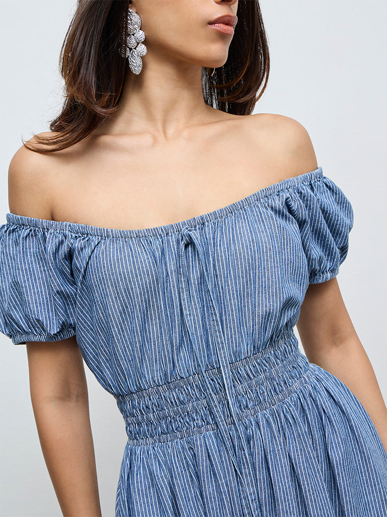 Buy LOV Blue Striped Off-Shoulder Dress from Westside Buy LOV Blue Striped Off-Shoulder Dress from Westside
