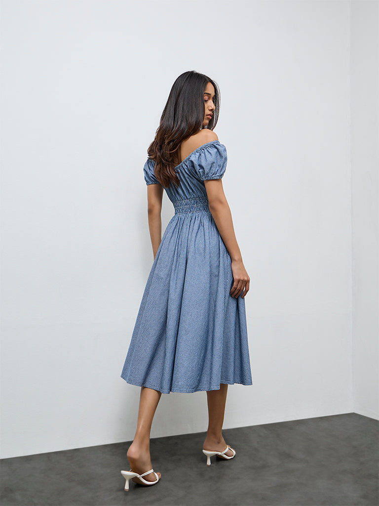 LOV Blue Striped Off-Shoulder Cotton Dress