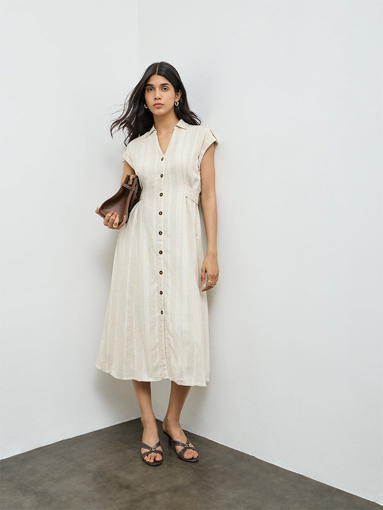LOV Off-White Self-Striped Shirt Dress