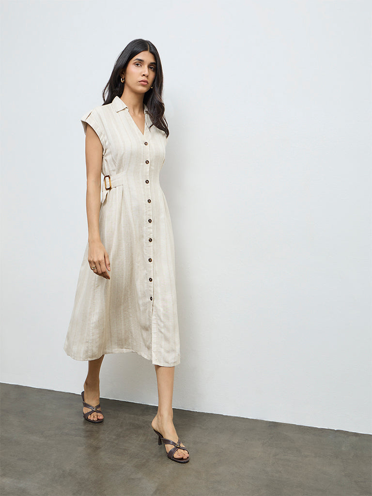 LOV Off-White Self-Striped Shirt Dress