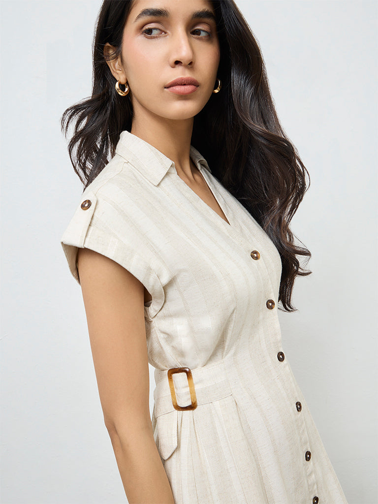 LOV Off-White Self-Striped Shirt Dress