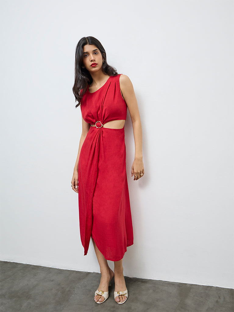 LOV Red Cut-Out Detailed A-Line Dress
