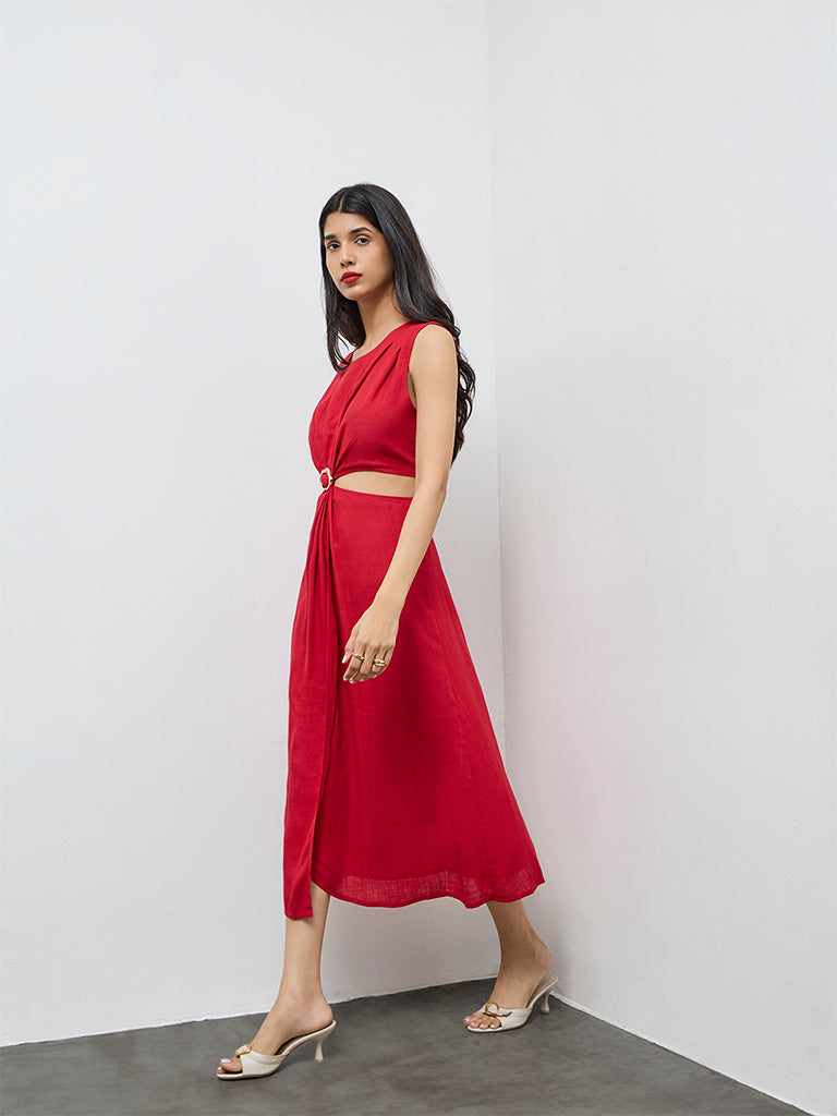 LOV Red Cut-Out Detailed A-Line Dress