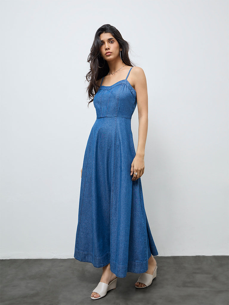 Buy LOV Blue Denim A-Line Dress from Westside
