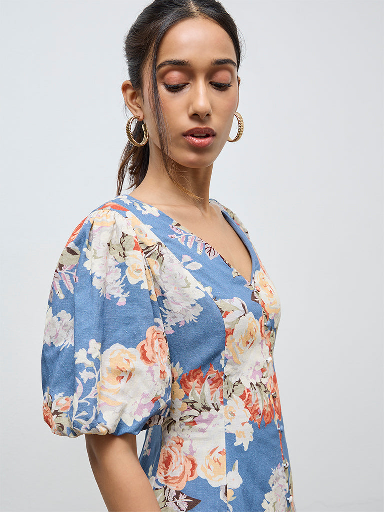 Buy LOV Dusty Blue Floral Pattern A-Line Dress from Westside
