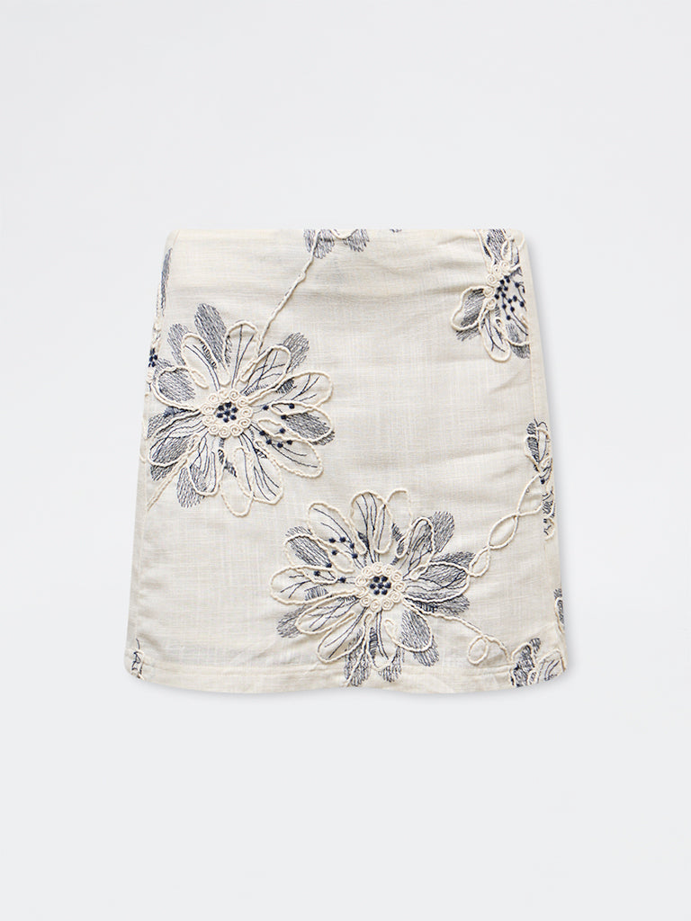 LOV Off-White Floral Embroidered High-Rise Skirt