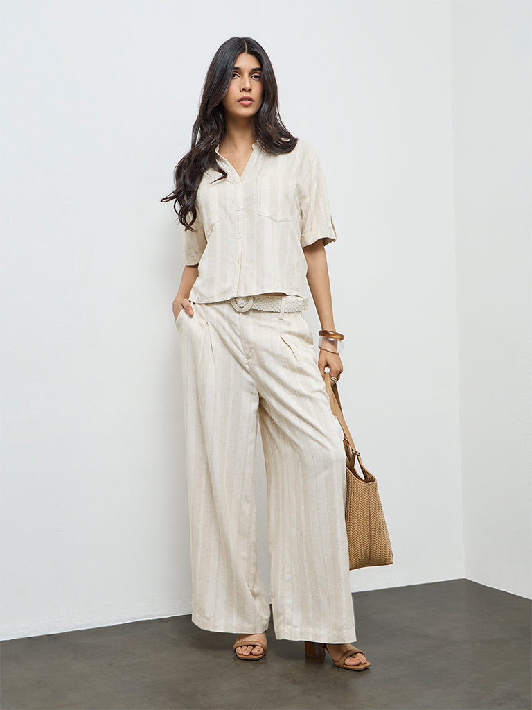 LOV Off-White Self-Striped High-Rise Trousers with Belt