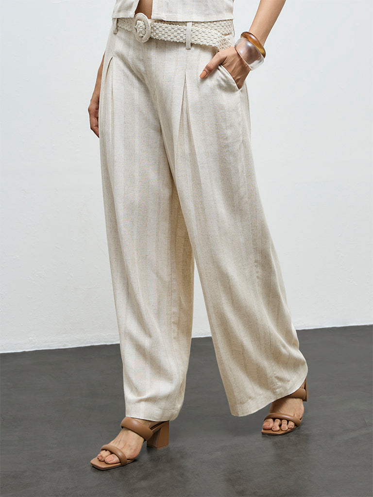 LOV Off-White Self-Striped High-Rise Trousers with Belt