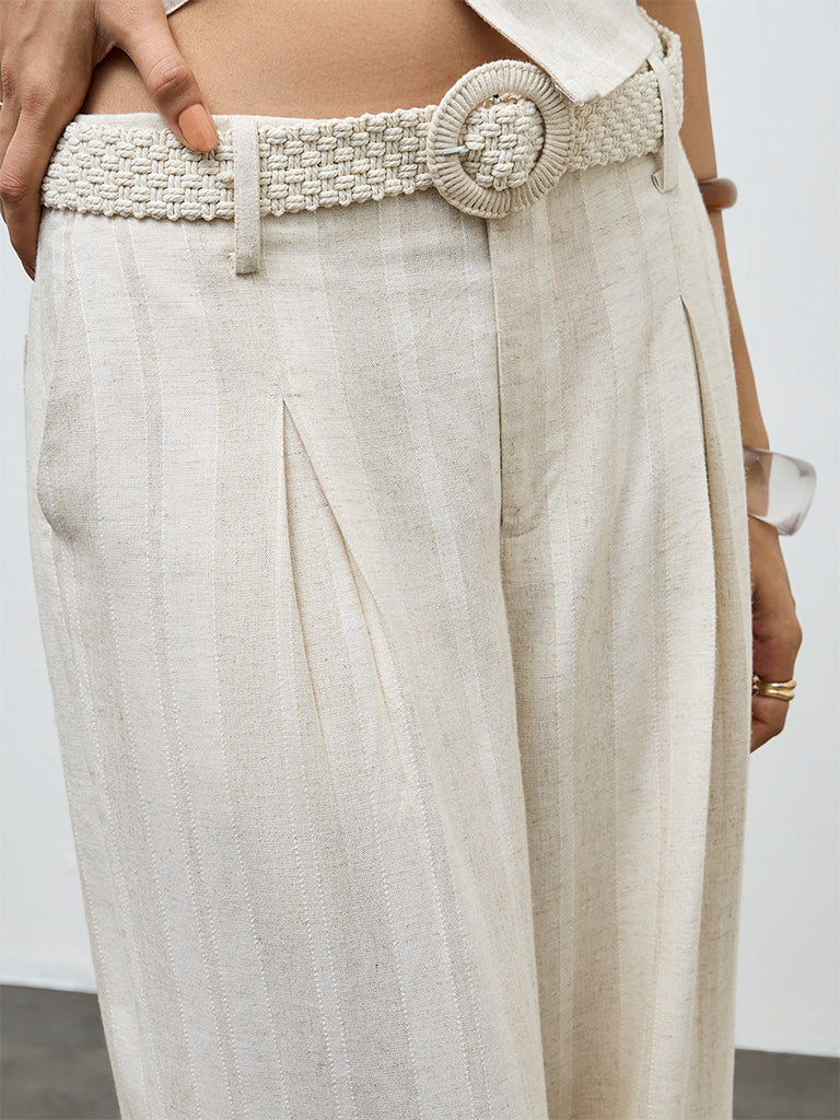 LOV Off-White Self-Striped High-Rise Trousers with Belt