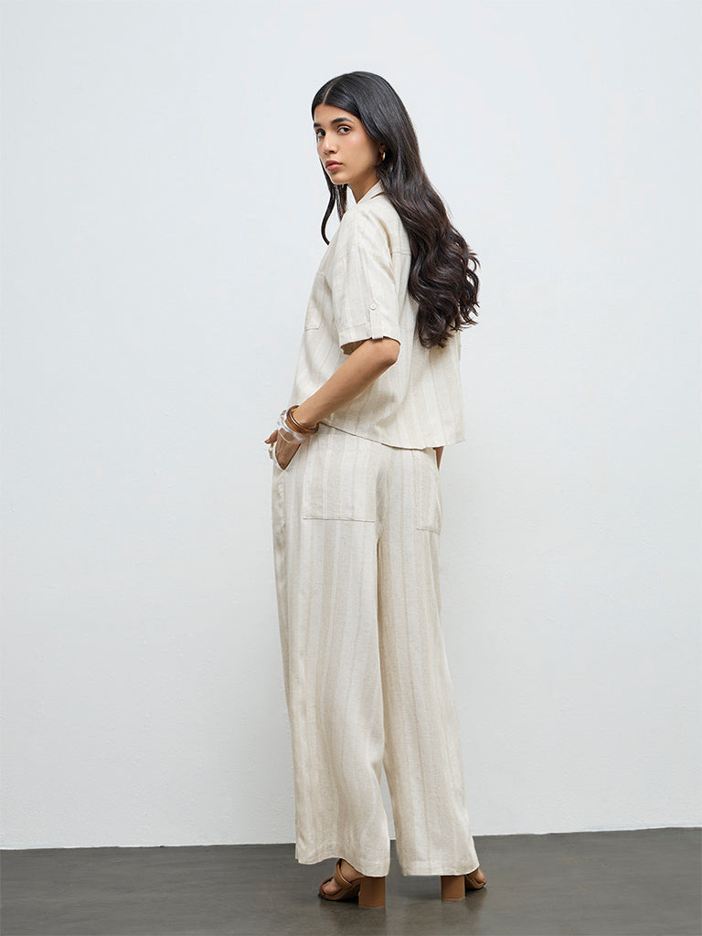 LOV Off-White Self-Striped High-Rise Trousers with Belt
