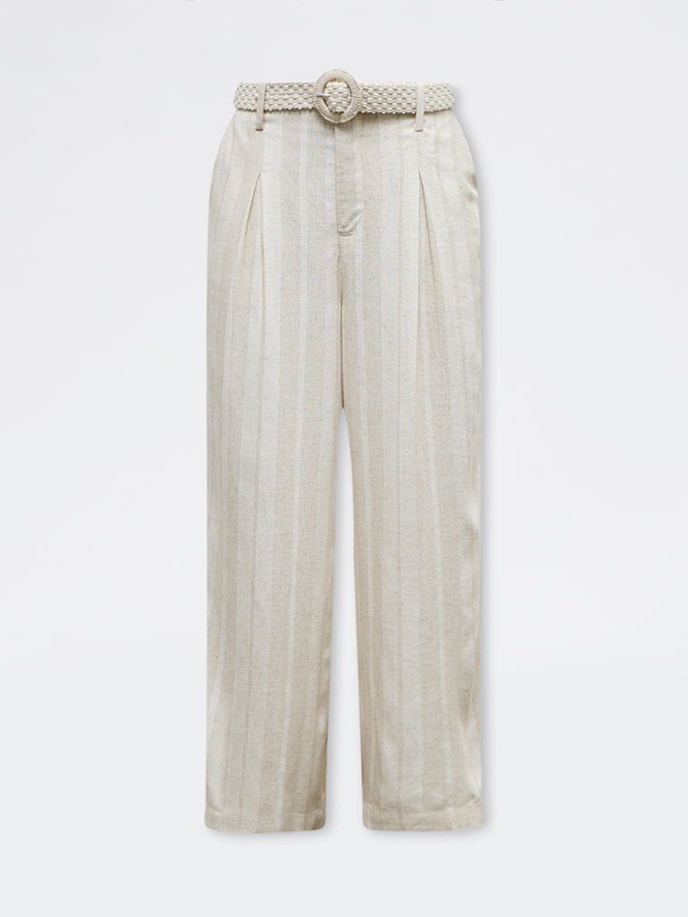 LOV Off-White Self-Striped High-Rise Trousers with Belt