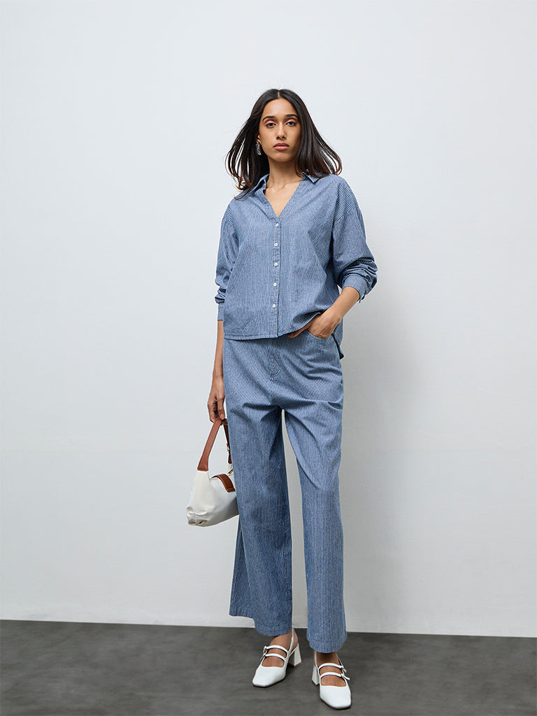 LOV Blue Striped High-Rise Cotton Trousers