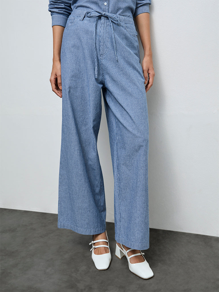 LOV Blue Striped High-Rise Cotton Trousers