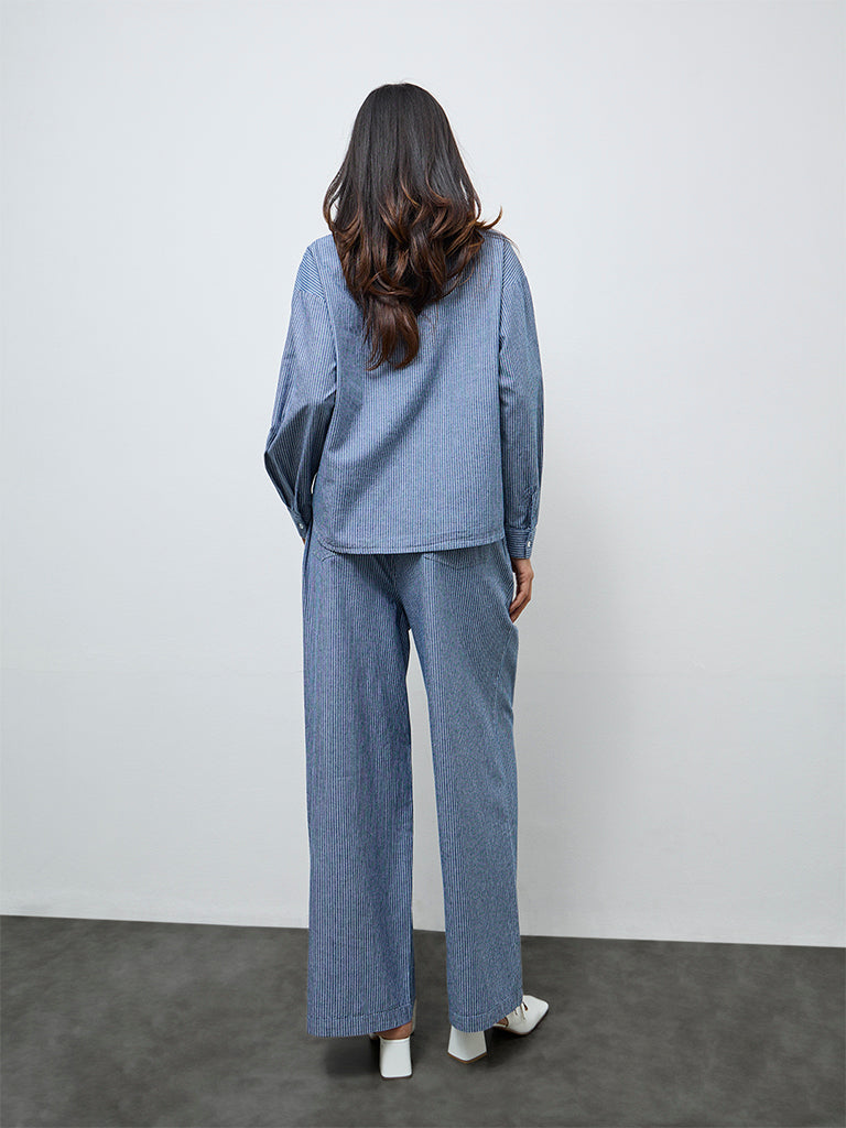 LOV Blue Striped High-Rise Cotton Trousers