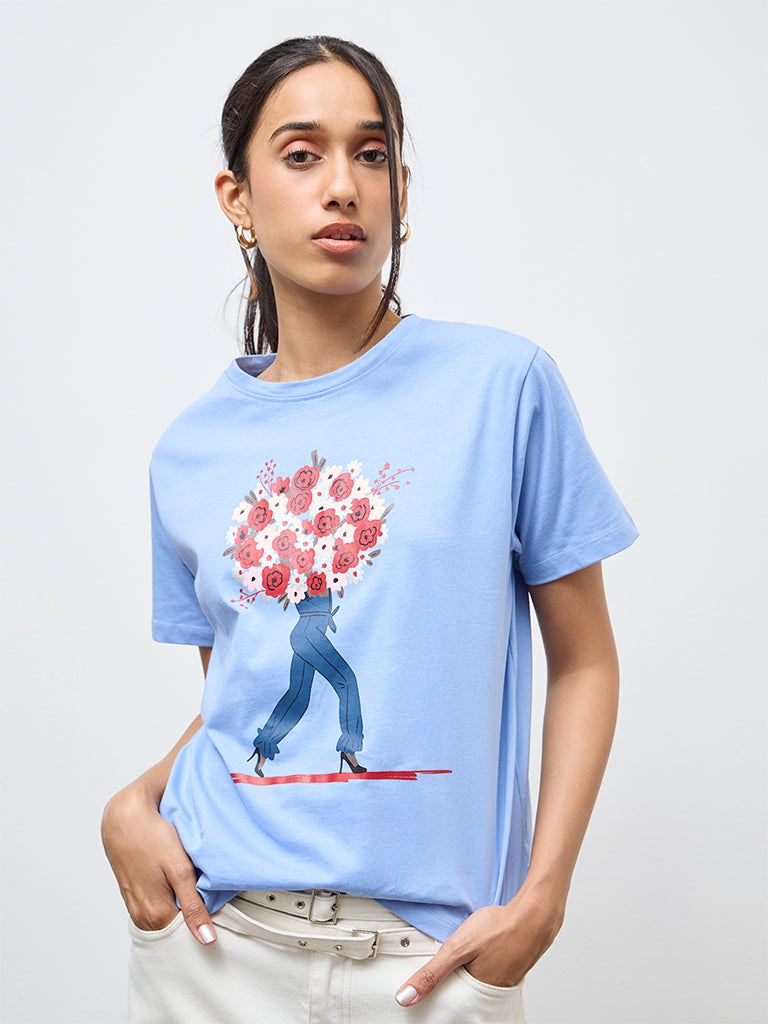LOV Light Blue Graphic Cotton T-Shirt
