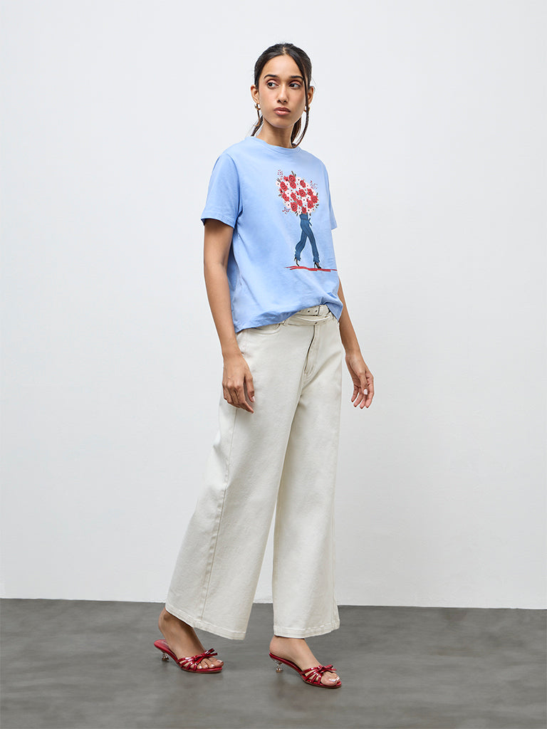 LOV Light Blue Graphic Cotton T-Shirt