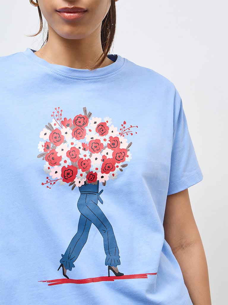 LOV Light Blue Graphic Cotton T-Shirt