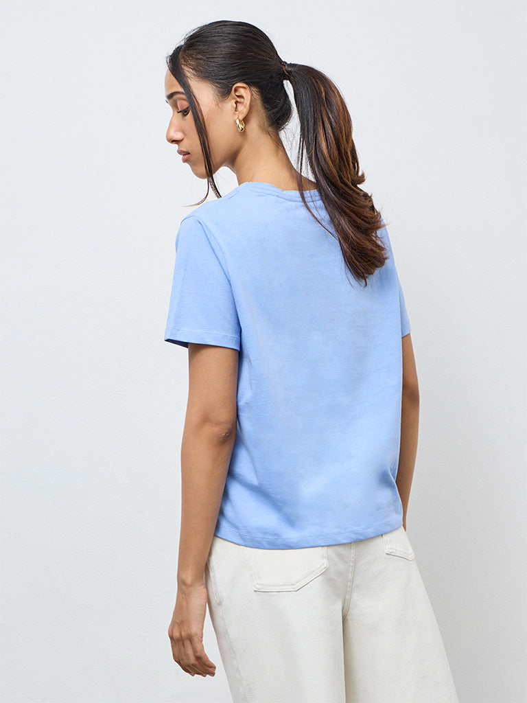 LOV Light Blue Graphic Cotton T-Shirt