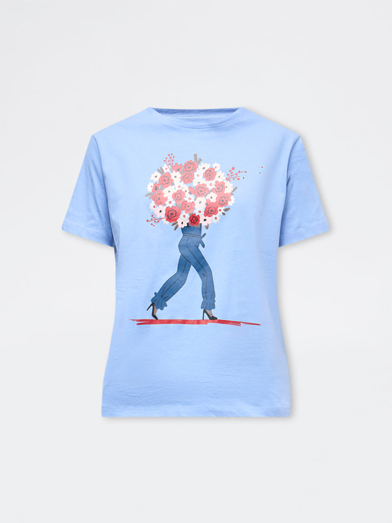 LOV Light Blue Graphic Cotton T-Shirt