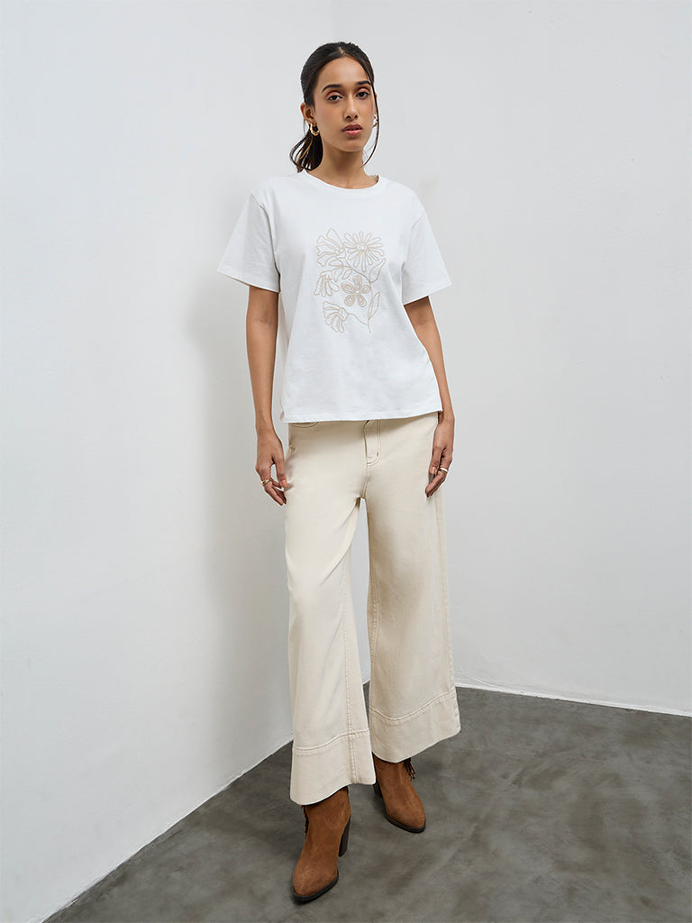 LOV White Floral Embroidered Cotton T-Shirt