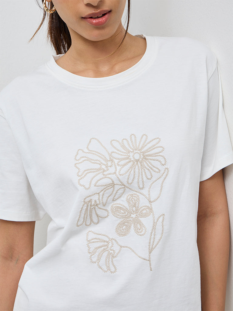 LOV White Floral Embroidered Cotton T-Shirt