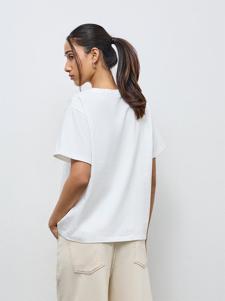 LOV White Floral Embroidered Cotton T-Shirt