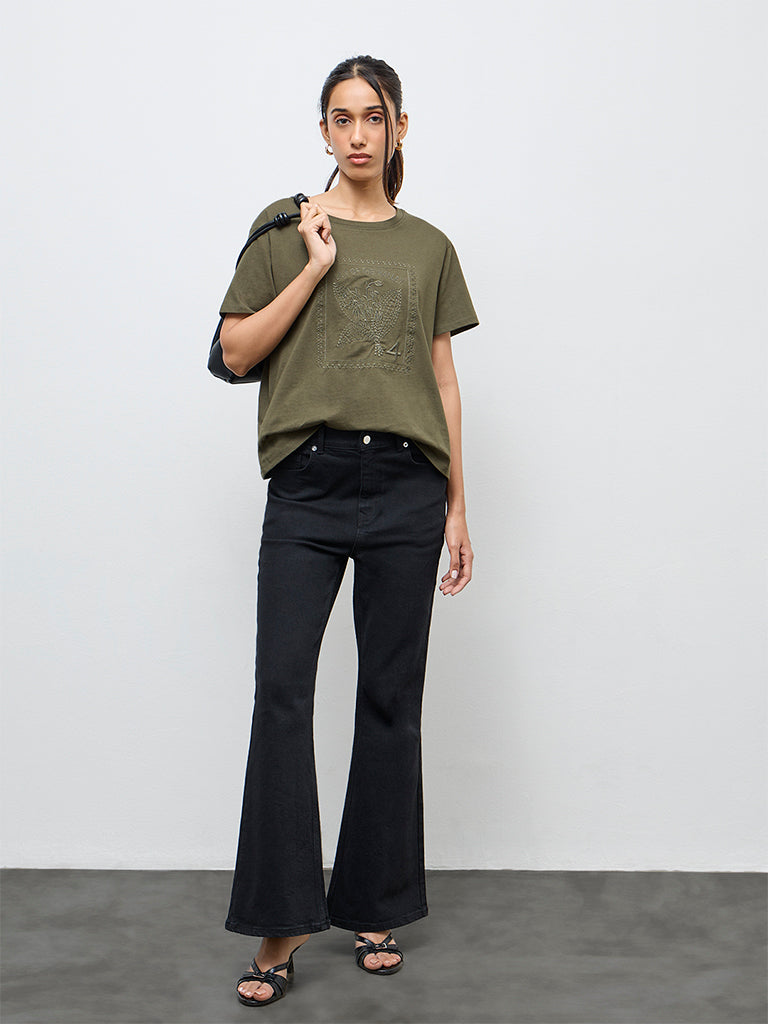 LOV Olive Floral Embroidered Cotton T-Shirt
