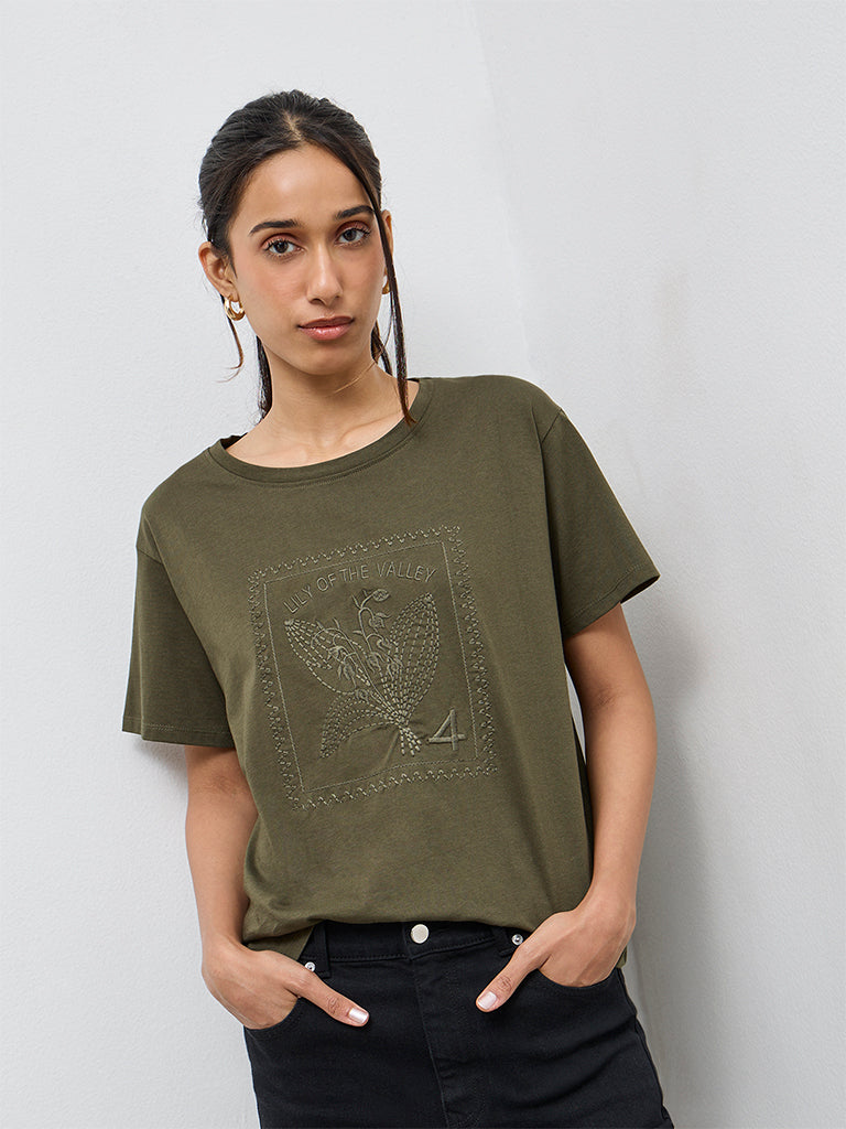 LOV Olive Floral Embroidered Cotton T-Shirt