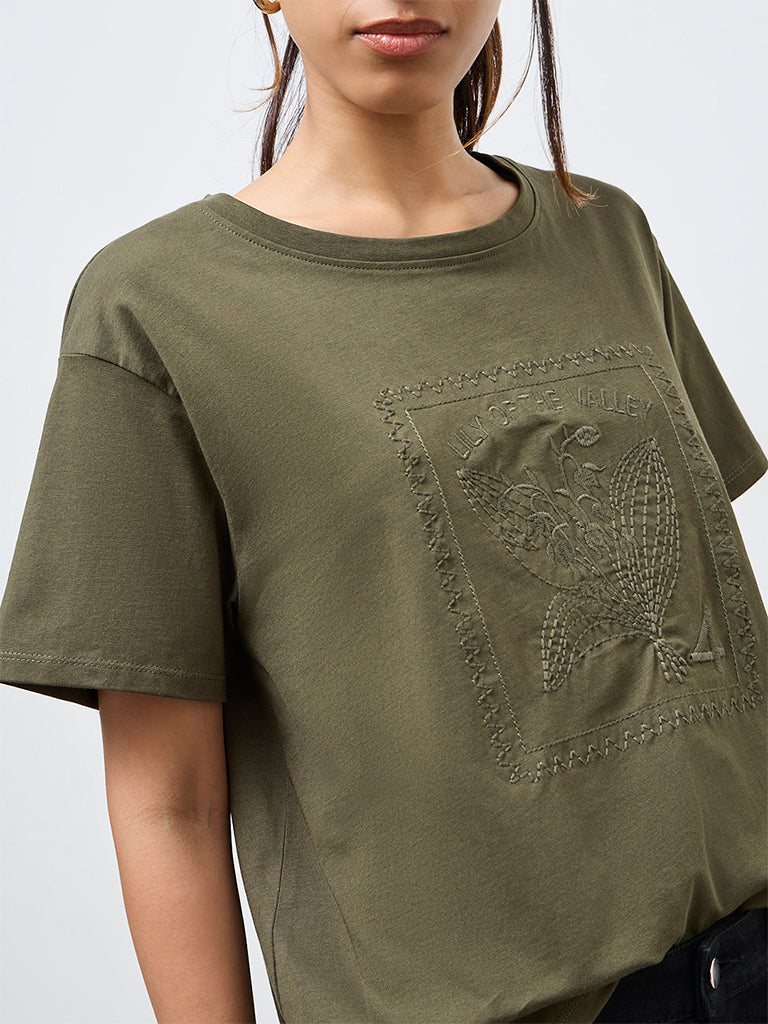 LOV Olive Floral Embroidered Cotton T-Shirt
