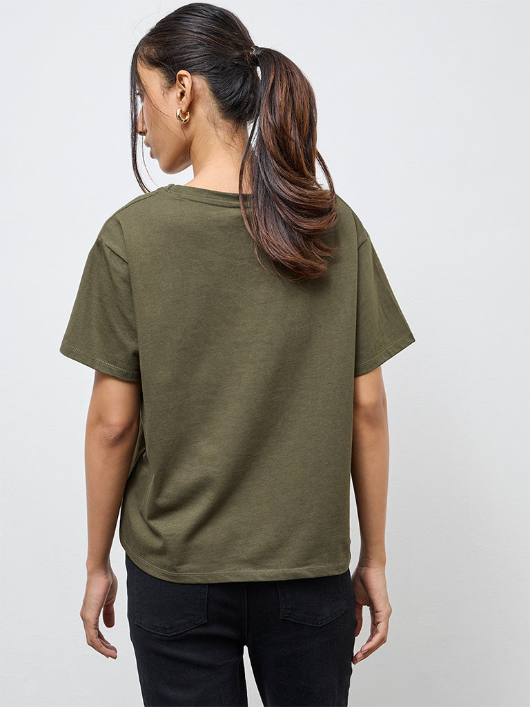 LOV Olive Floral Embroidered Cotton T-Shirt