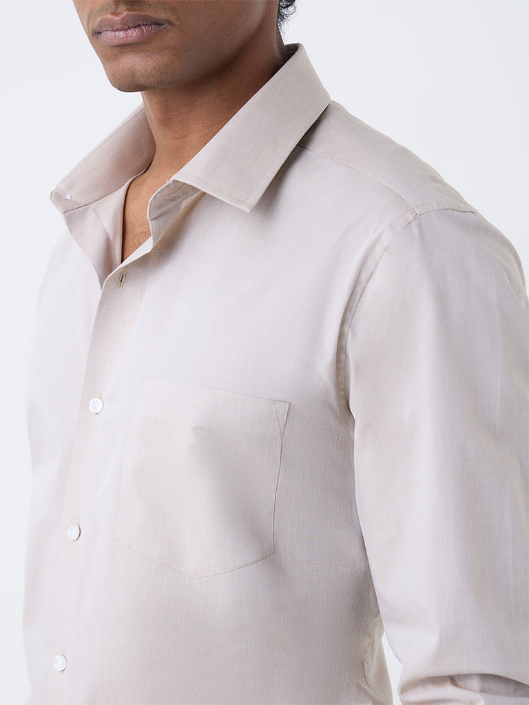 WES Casuals Beige Solid Slim-Fit Cotton Shirt