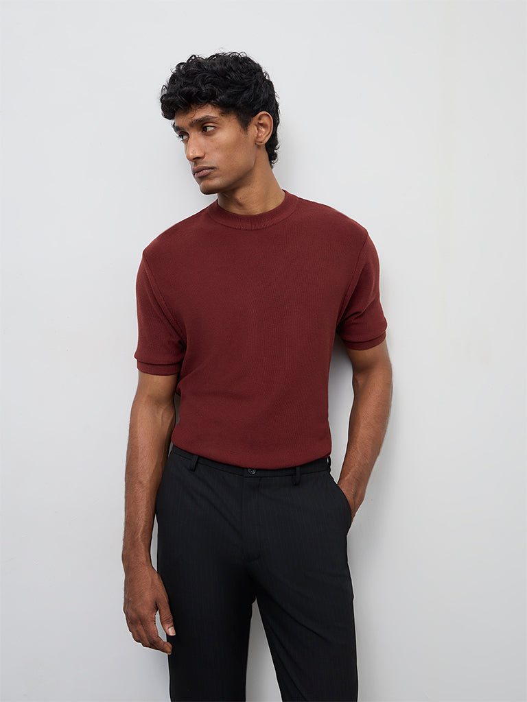 WES Formals Rust Knit-Textured Slim-Fit T-Shirt