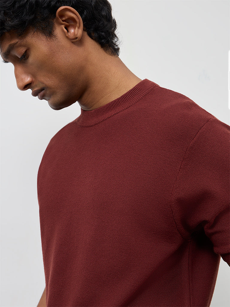 WES Formals Rust Knit-Textured Slim-Fit T-Shirt