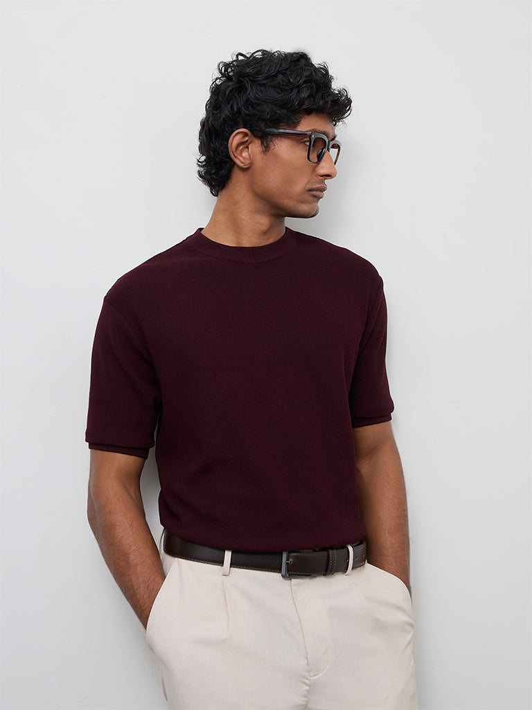 WES Formals Wine Knit-Textured Slim-Fit T-Shirt