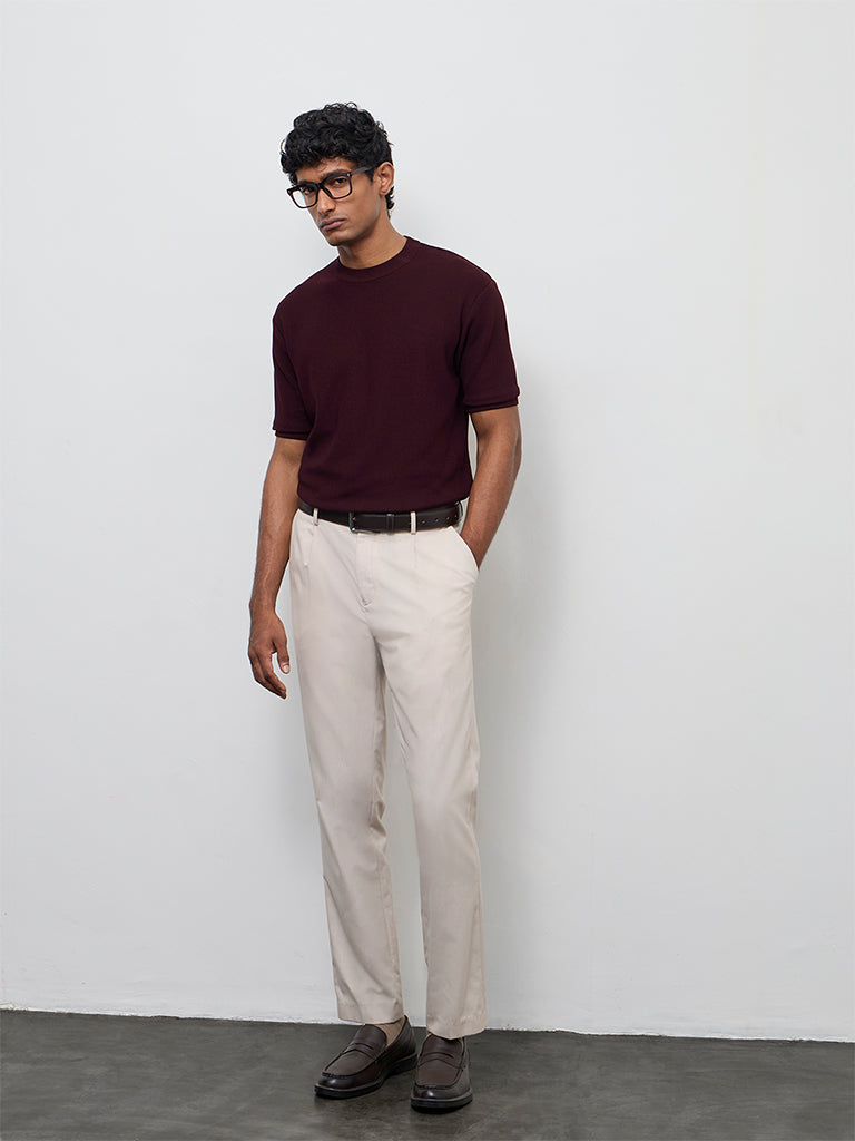 WES Formals Wine Knit-Textured Slim-Fit T-Shirt