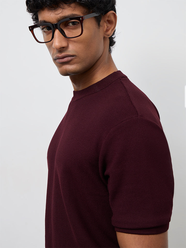 WES Formals Wine Knit-Textured Slim-Fit T-Shirt