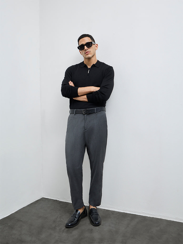 WES Formals Charcoal Solid Mid-Rise Slim-Fit Trousers