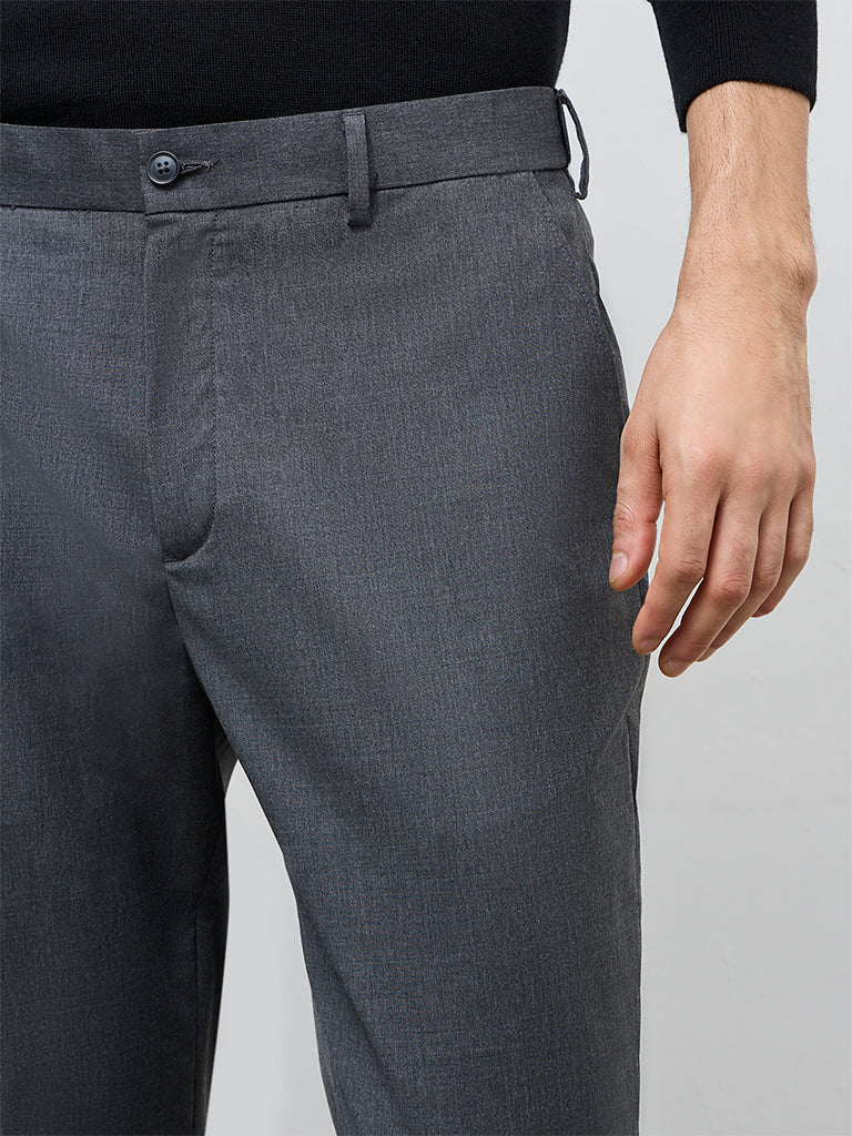 WES Formals Charcoal Solid Mid-Rise Slim-Fit Trousers