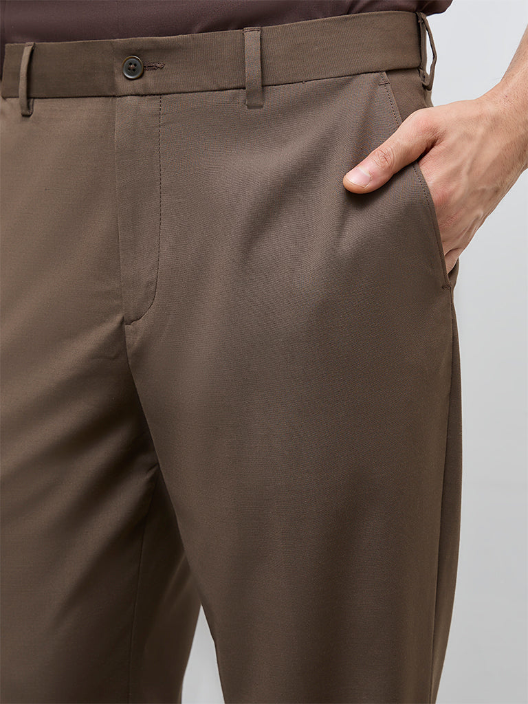 WES Formals Dark Brown Mid-Rise Slim-Fit Trousers