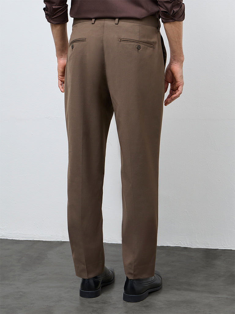 WES Formals Dark Brown Mid-Rise Slim-Fit Trousers