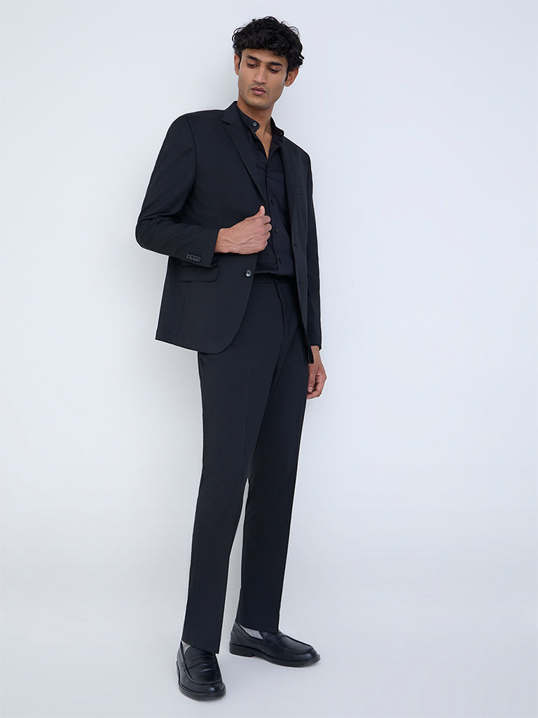 WES Formals Black Striped Slim-Fit Mid-Rise Trousers