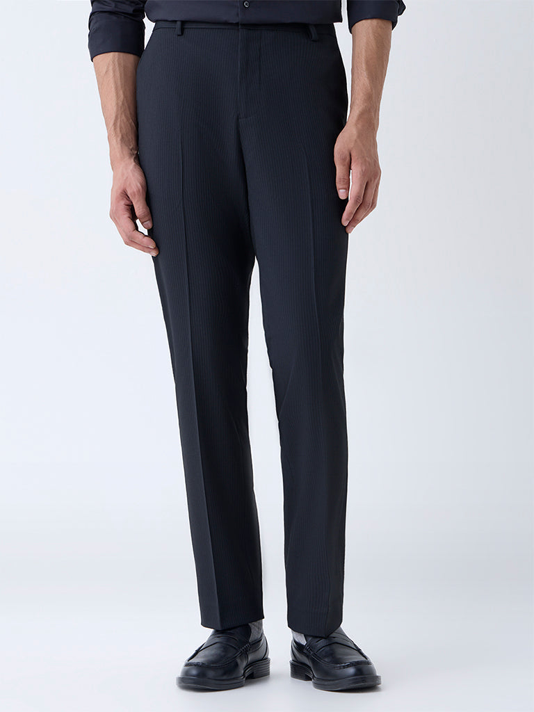WES Formals Black Striped Slim-Fit Mid-Rise Trousers