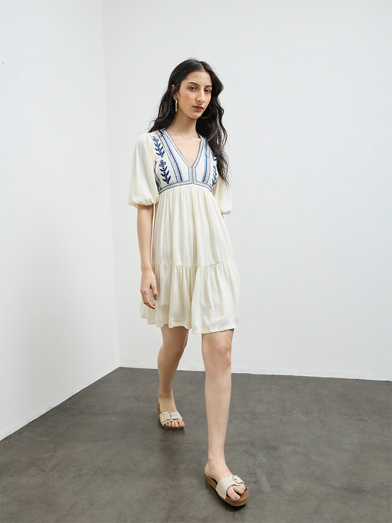 Buy Bombay Paisley Cream Floral Embroidered Tiered Dress from Westside