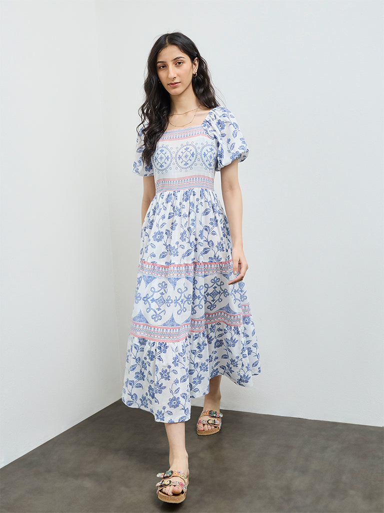 Buy Bombay Paisley Pink Floral Embroidered Cotton Tiered Dress