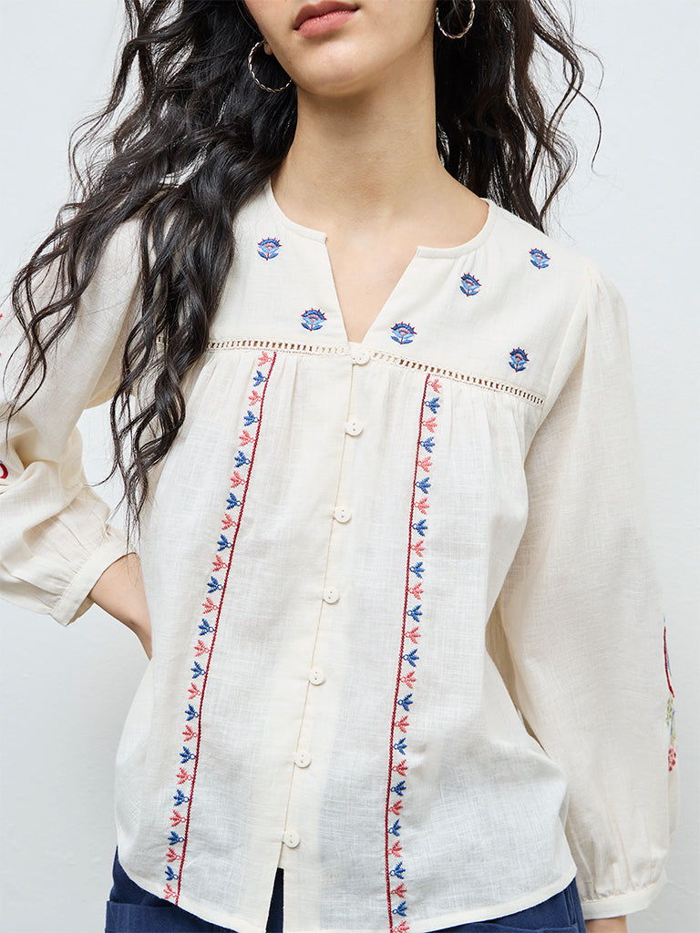 Buy Bombay Paisley Off-White Floral Embroidered Cotton Blouse from