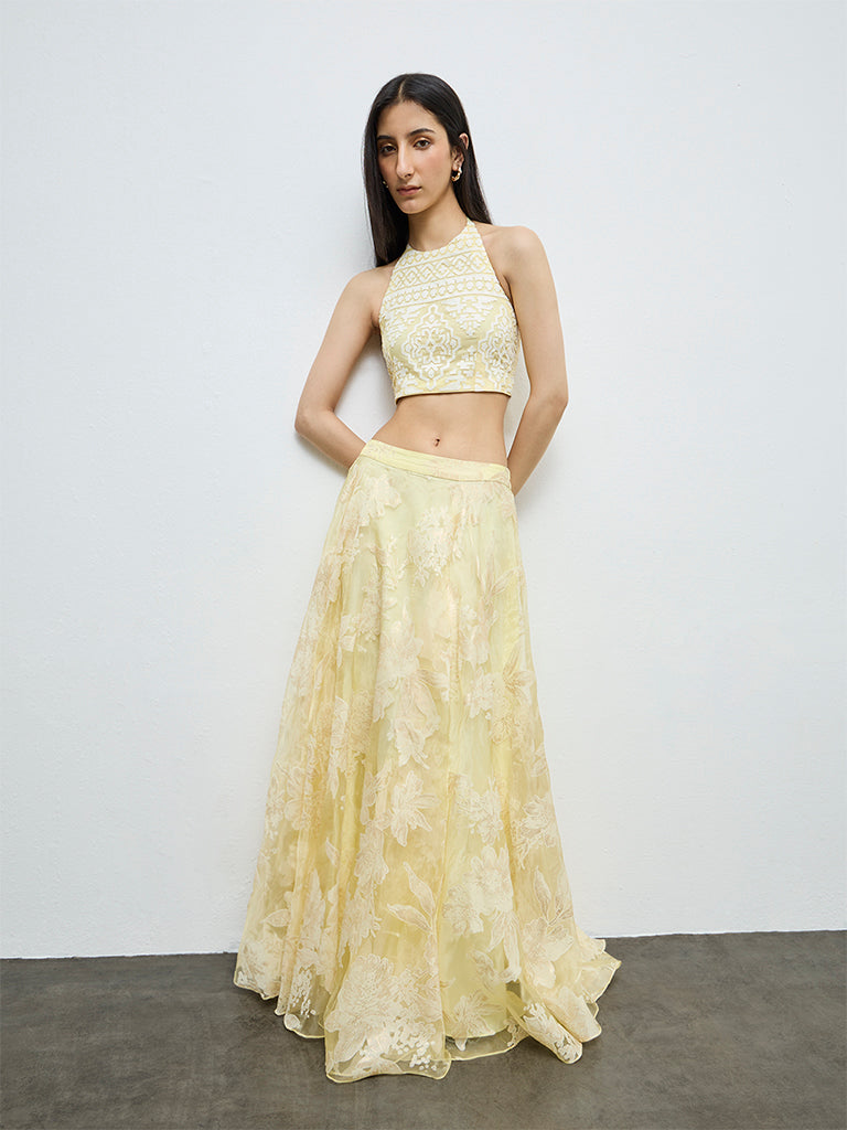 Vark Yellow Geometric Embroidered Top