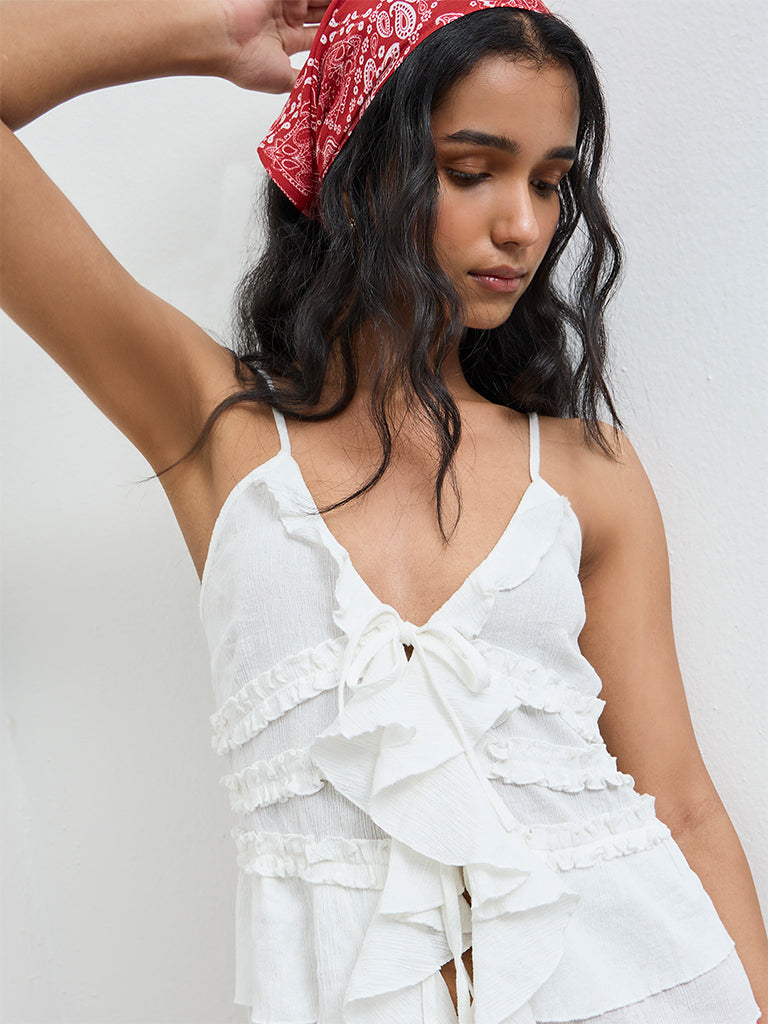 Nuon White Ruffled Tie-Up Cotton Top