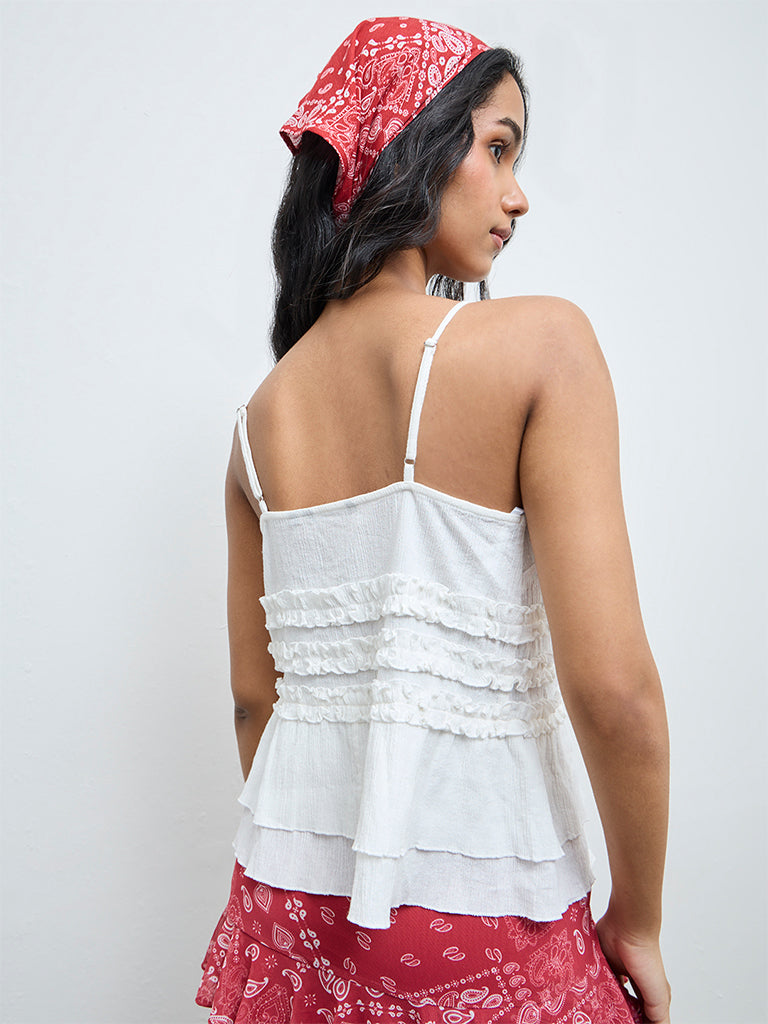 Nuon White Ruffled Tie-Up Cotton Top