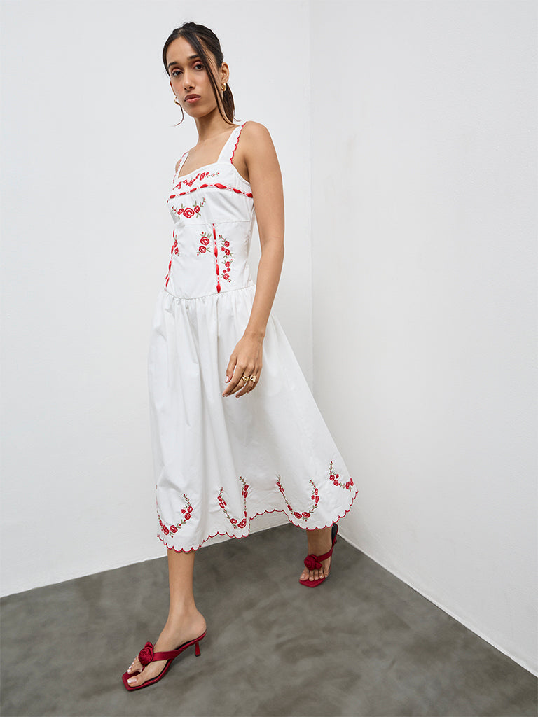 LOV White Floral Embroidered Cotton A-Line Dress