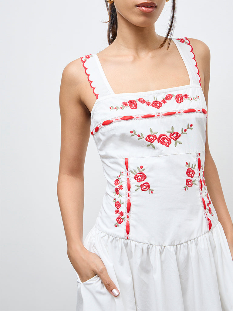 LOV White Floral Embroidered Cotton A-Line Dress